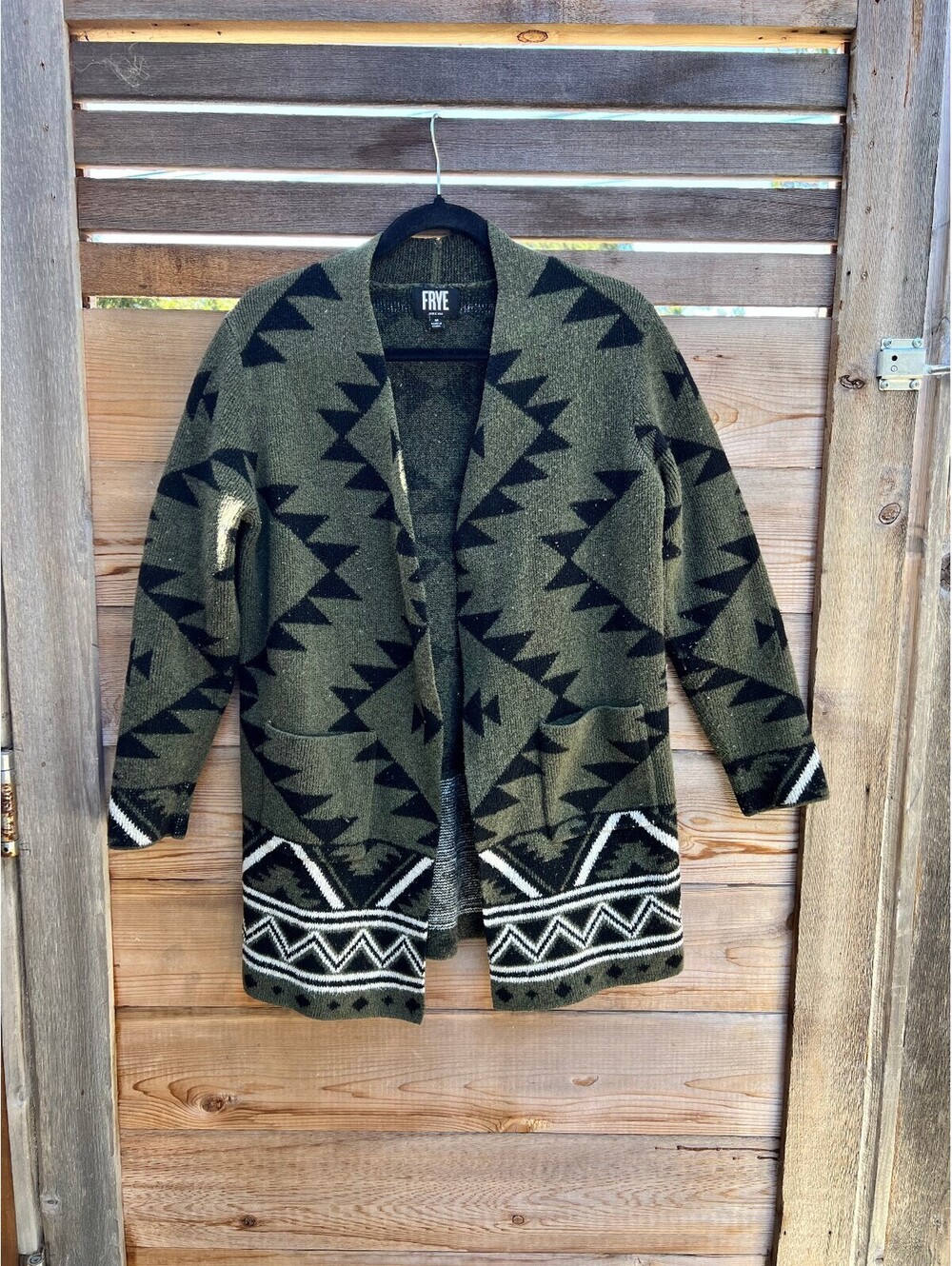 Frye Women's Medium Olive Green and Black Aztec Pattern Open Front Cardigan
